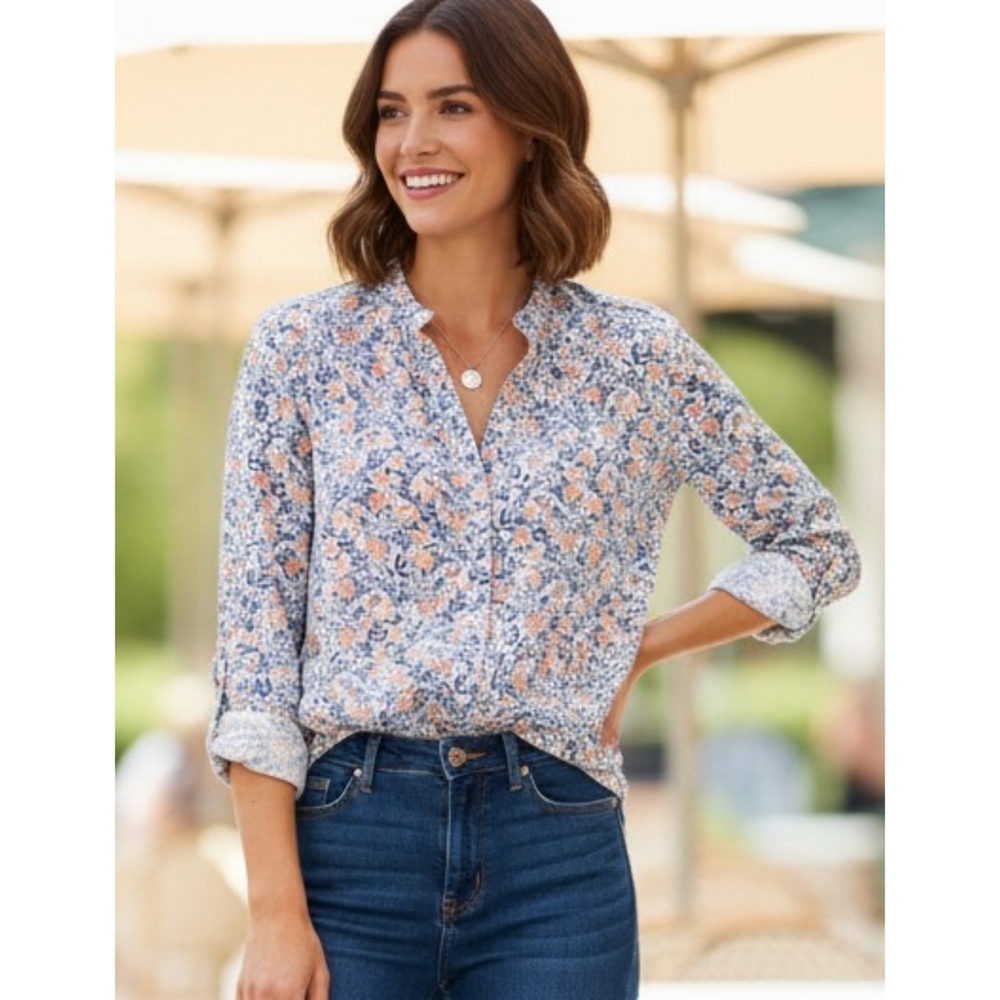 St. John's Bay Split Neck Floral Button Down Top White Size XS